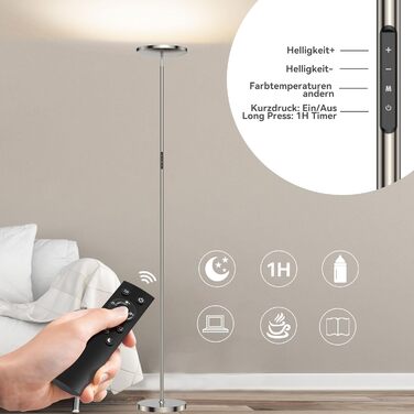 Світлодіодна підлогова лампа Anten Klara з лампою для читання | Матова | 30W, з регулюванням яскравості та пультом дистанційного керування | 3 кольори світла | Регулювання яскравості | Підлогова лампа для вітальні, офісу