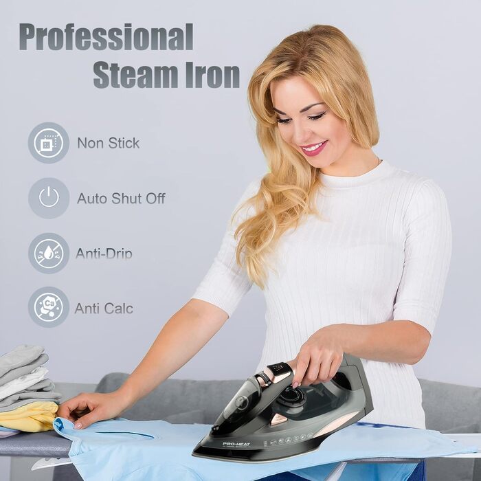 Праска 3000W з керамічною підошвою - праска з парою, самоочищення, резервуар 340мл, автоматичне вимкнення (чорна)