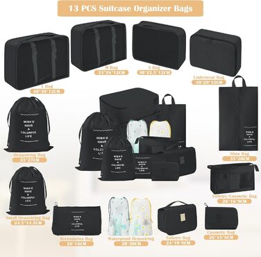 Набір органайзерів для валізи 13 шт., чорні Packing Cubes, водонепроникні дорожні органайзери для відпустки та подорожей