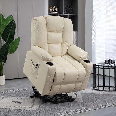 HOMCOM Electric Recliner with Lift Assist, USB Massage Chair with Remote Control, Wheels & Cup Holder in Cream