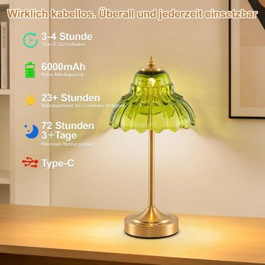 Ретро настільна лампа бездротова, акумуляторна 6000mAh, з регулюванням кольору та яскравості, портативна LED лампа для вітальні, спальні, бару (зелена)