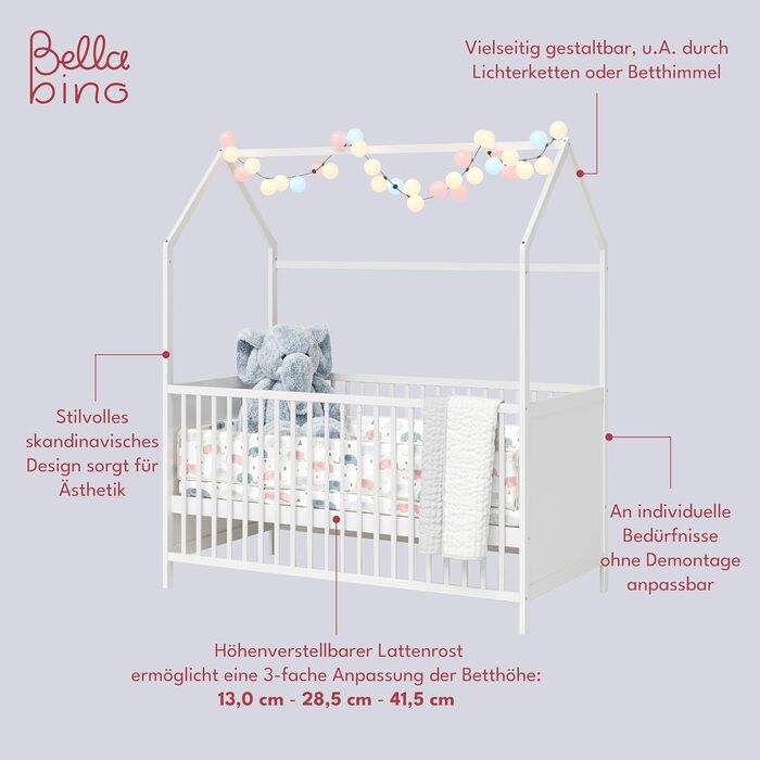 Bellabino Nika Babybett in House Style 70 x 140 cm, crib and house bed for children and babies made of solid pine wood in white, 3-fold height adjustable including slatted frame