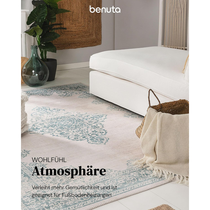 benuta pop Laury Rug - Synthetic Fiber - Rectangular & in Vintage Style - Easy to Care For for Living Room, Bedroom, Turquoise, 200x300 cm 200 x 300 cm (Rectangular) Turquoise