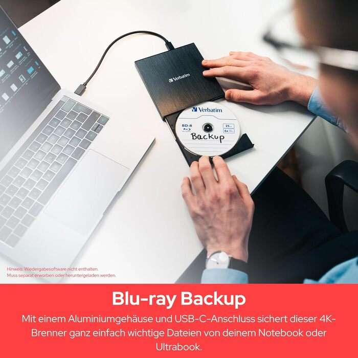 Зовнішній тонкий Blu-ray привід Verbatim Ultra HD 4K Slimline Writer з USB-C, підтримкою BDXL, M-Disc, DVD та CD, чорний