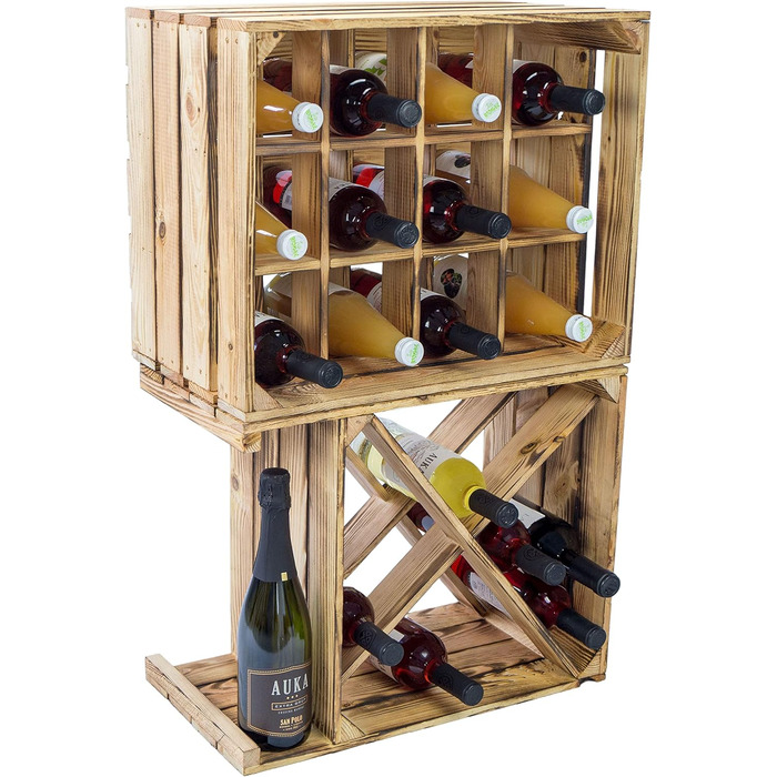Kistenkolli Old Country Wine Rack Henry Flamed, Dimensions approx. 50x40x30cm, Stackable, Narrow Bottle Rack Wood/Wine Rack (Flamed)
