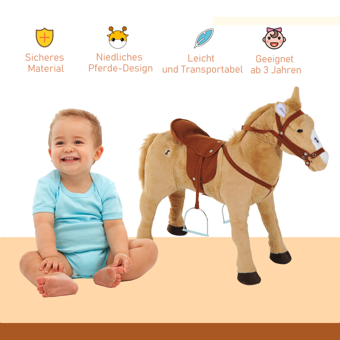 HOMCOM Качалка-коня, іграшковий кінь, плюшевий кінь зі звуком 85 x 28 x 60 см, бежевий колір, ідеально підходить для дітей для гри та катання.