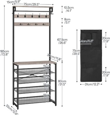 HOOBRO Coat Rack with Shoe Storage, Shoe Shelf with Coat Rack, Clothes Rack with 5-Tier Shoe Storage, Coat Rack with Shoe Cabinet, Adjustable Metal Grid Shelf, Greige EBG75MT01