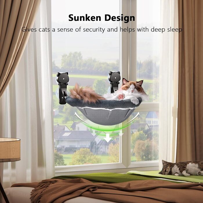 Window perch for cats, foldable & stable cat beds - breathable cat window hammock for monitoring, sunbathing, and climbing - holds up to 18kg max (faux fur rabbit, gray)