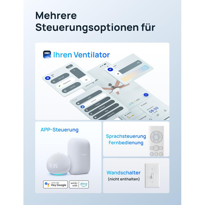 Дрео Смарт стельовий вентилятор з підсвічуванням, 132 см, 12 швидкостей, 3 режими, регульоване LED-підсвічування, тихий DC-двигун, 12H таймер, керування пультом/APP/Alexa, для приміщень (Чорний)