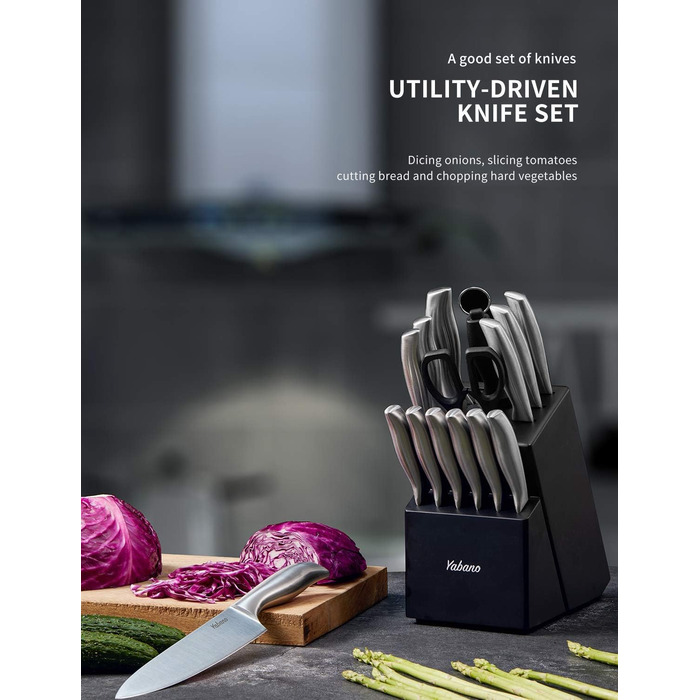 Yabano 16-Piece Professional Stainless Steel Knife Set with Wooden Block - Chef's Knife Set