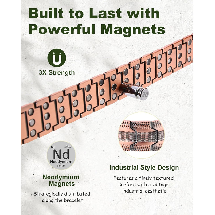 Браслет на руку чоловічий MagEnergy з міді - з 3 потужними магнітами, регульована довжина, інструмент для регулювання розміру