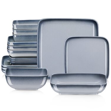 LOVECASA Сервіз набір Vibri, 16 частин, квадратний з каменю, сервіз для 4 осіб | Тарілки, чашки, десертні тарілки та миски, сірий, 16-частинний сервіз