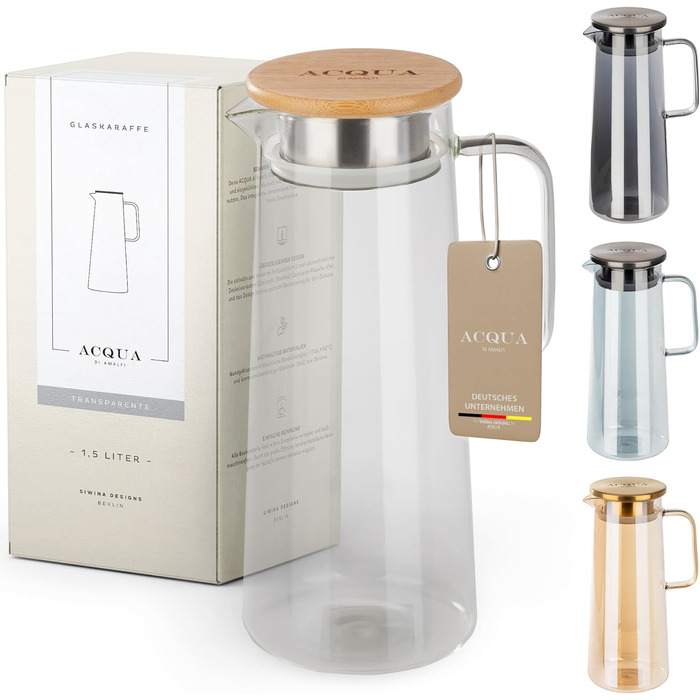 ACQUA DI AMALFI® Glass Carafe with Lid | Water Carafe 1.5 Liter | Glass Jug with Lid | Leak-proof & High-Quality | Glass Carafe ideal for Lemonade, Water & Tea (NEUTRAL/BAMBOO)