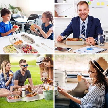 Бенто-бокс 2700 мл, 3-рівневий з виделкою та ложкою, 4-в-1 – контейнер для їжі, ланчбокс для чоловіків, жінок, студентів, мікрохвильовий та мийка в посудомийній машині (Хакі, Бежевий)