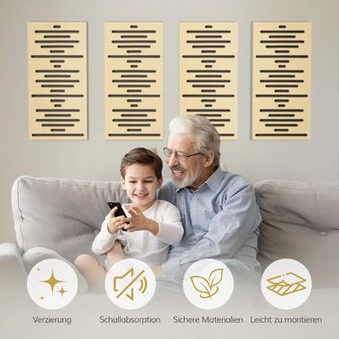 Акустичні панелі TONOR з шпоном під дерево, самоклейні (4 шт, 60x30x4.7 см) для звукоізоляції та декору стін, колір дуб — для вітальні та офісу