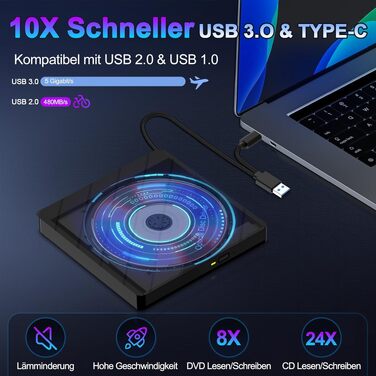 Зовнішній багатофункціональний DVD-привід 8-в-1 для ноутбука та ПК: USB 3.0, Type-C, 5 USB-портів, картридер TF/SD, оптичний накопичувач для Windows, macOS, Linux, сірий