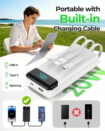 Power Bank Enerwow 27000mAh з USB-C кабелем, 4 виходи/3 входи, LED-дисплей, білий (P300C) - Зовнішній акумулятор для iPhone та інших пристроїв