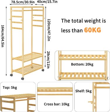 Bamboo Coat Rack, Clothes Rack with 3 Shelves and 10 Hooks, Laundry Rack with Clothes Rod, for Entryway, Living Room and Office, 80x43.5x165cm (Natural3)