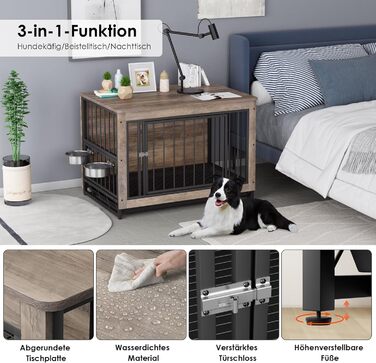 Дерев'яна собача будка/переноска для дому, 93x64x58 см, з піддоном та мисками, для собак середніх та маленьких порід (до 40 кг), білий/сірий колір