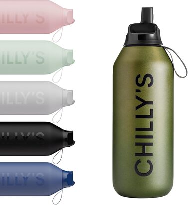 Chilly's Series 2 Flip Bottle - Thermos Flask with Sport Cap, Telescopic Straw, and Nylon Carry Loop - Stainless Steel Bottle with Easy Flip Opening, Includes Straw Cleaning Brush (Ombre - Moss, 500 ml)