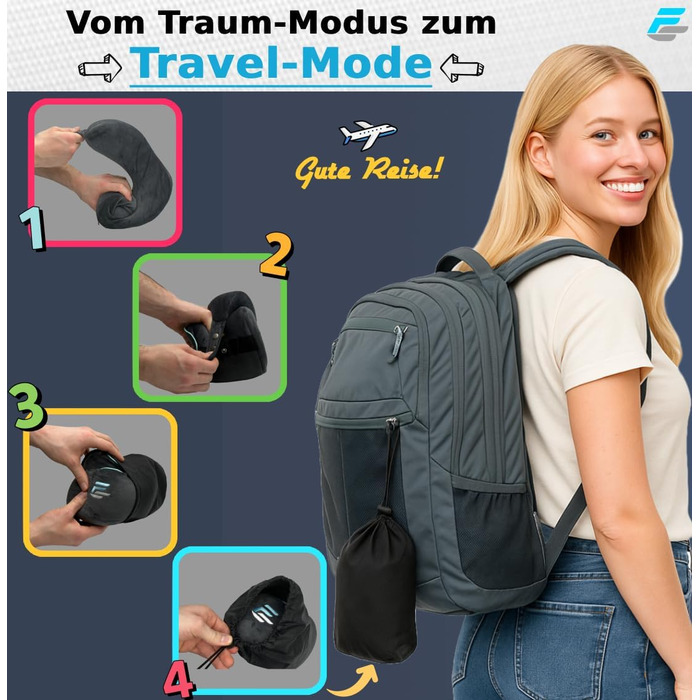 Подушка для шиї FS для літака та авто – Memory Foam з 360° підтримкою шиї – Регульована з кнопками – Дихаючий, м'який чохол – з мішечком – Сіра