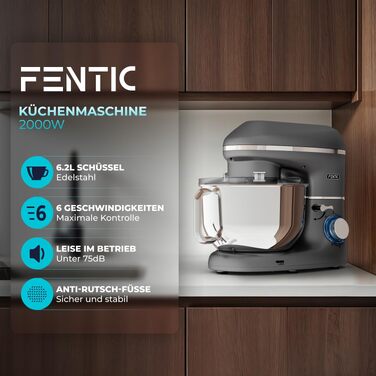 Кухонний комбайн-міксер 2000W з чашею з нержавіючої сталі 6.2 л, планетарний міксер з насадками (гак, вінчик, міксер) та захистом від бризок, колір антрацит