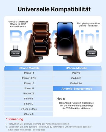 BOYA MINI 2 - Портативний мікрофон з USB-C, 48kHz/24Bit, 100м, 30год, для iPhone, Android, Vlogging, YouTube, інтерв'ю (2TX+2RX, Type-C&Lightning)