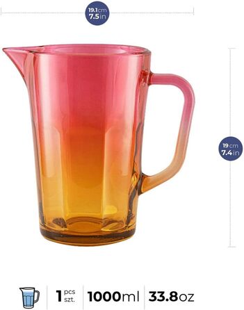 Water Carafe Glass 1 Liter with Comfortable Handle Colorful Water Pitcher 19 cm Glass Jug Orange Pink Glass Pitcher Water Carafe Glass Carafe Pitcher Glass Jug 1l | Gigi Magical Sunrise
