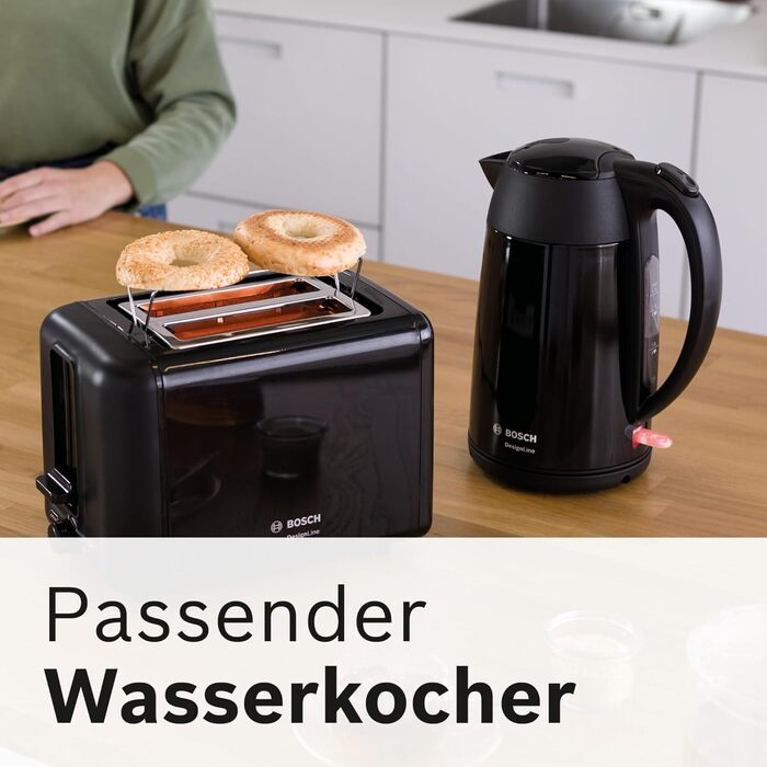 Bosch Compact Toaster DesignLine TAT3P423DE, Integrated Stainless Steel Bread Roll Attachment, With Automatic Shut-off, With Defrost Function, Perfect for 2 Slices of Toast, Lift Function, Wide, 970 W, Black Polished/Black Front Painted Single