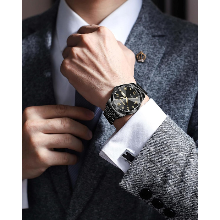 Годинник чоловічий PINDOWS Luxus Quarz аналоговий з датою та великим циферблатом, водостійкий, модний, бізнес-стиль. Елегантний двоколірний годинник з нержавіючої сталі з підсвічуванням календаря De650n1: Чорний