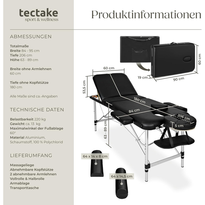 Масажний стіл Tectake®: розкладний, регульований по висоті, з 3 зонами, для косметичних процедур, масажу та татуювання - білий (404635)