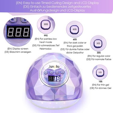 Лампа для сушіння нігтів Janolia 86W UV LED з сенсором та LCD дисплеєм для гель-лаку. Професійна лампа для нігтів з 4 таймером, підходить для гель-лаку.
