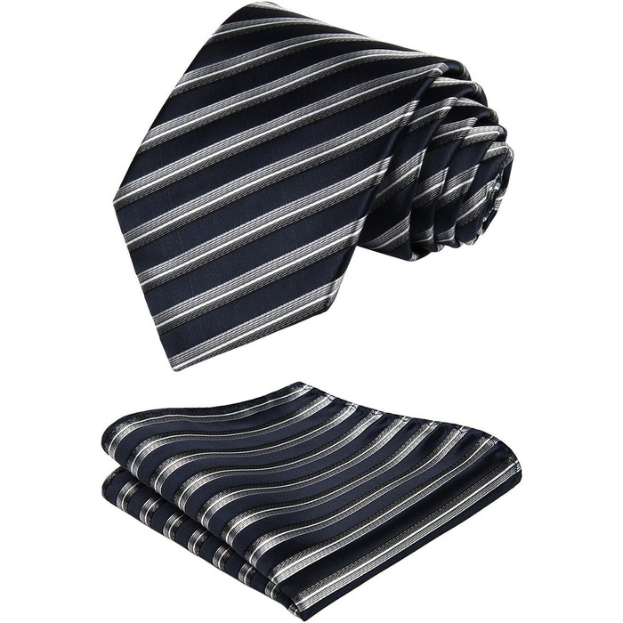 HISDERN Комплект краватки та нагрудного хустинки в смужку: темно-синій та сірий | Чоловіча краватка для весілля