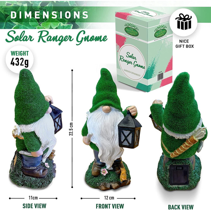 The ENCHANTED GARDEN Gartenzwerg Ranger garden figurines & garden statues garden decor for outdoors Solar Light funny gnomes for outdoors
