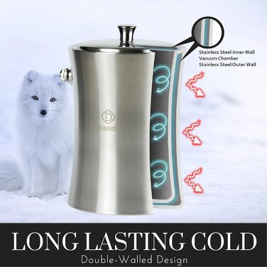 2.0L Premium Ice Cube Container with Lid and Tongs | Stainless Steel Champagne Cooler Insulated Double-Walled Stainless Steel Ice Container with Carrying Handle | Silver Matte