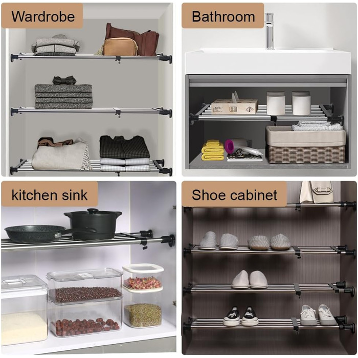 Hershii Extendable Closet Shelf, Expandable Wardrobe Rack, Adjustable Closet Organizer, Pull-Out Closet Divider, Clothes Rod, Closet Metal Storage, for Closet, Kitchen, Bathroom, Black (101-152.5cm/39.76-60.04inches)