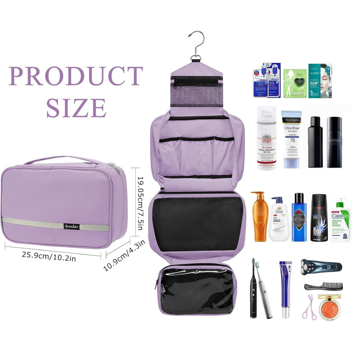 Подорожня туалетна косметичка для чоловіків та жінок з 4 відділеннями, велика місткість, компактна, фіолетова