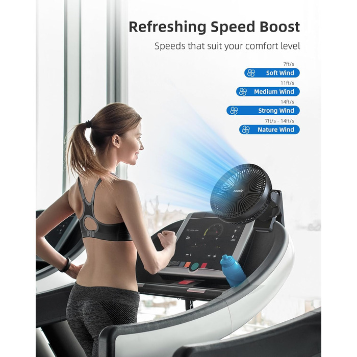 Вентилятор Koonie 10000 mAh з кліпсою, 20 см, портативний, USB, акумулятор, 4 швидкості, 360° оберт, тихий, для дому, офісу, дитячої коляски, кемпінгу, гроу-тенту, чорний