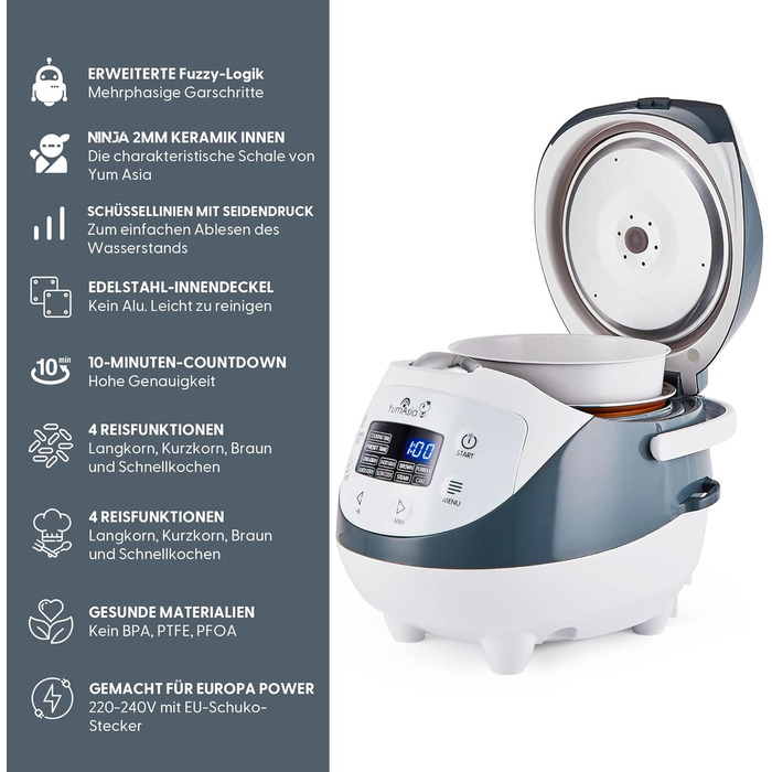 Yum Asia Panda Mini Rice Cooker with Ninja Ceramic Bowl and Advanced Fuzzy Logic (3.5 Cups, 0.63 Liters) 4 Rice Functions, 4 Multicooker Functions, 220–240V White / Grey