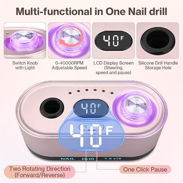 Електрична шліфувальна машинка для нігтів, професійна, 40000 об/хв, LCD, манікюр/педикюр, набір з багатофункціональною базою, рожевий