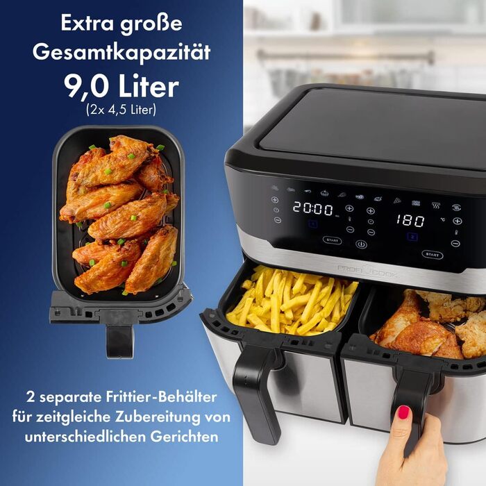 Подвійна аерофритюрниця ProfiCook 9 л XXL, 2400 Вт, 9 програм, сенсорне керування, чорний-нерж, без олії
