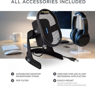 Мікрофон конденсаторний Marantz Professional MPM-1000U з великою мембраною, USB, з нирковою характеристикою для подкастів, студії, геймінгу, з кабелем USB та кліпсою для мікрофона