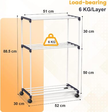 Сушарка для білизни мобільна, 3-ярусна, з коліщатками для ванної кімнати, квартири та пральні