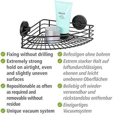 Кутова полиця WENKO Bari Vacuum-Loc, настінна, loft-стиль, без свердління, чорний лакований метал, 35x9x22,5 см