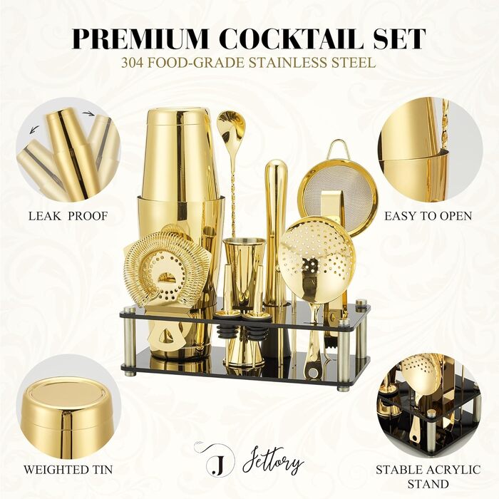 Набір шейкерів Boston - 16 предметів з нержавіючої сталі з акриловою основою, набір для приготування коктейлів (золотий)