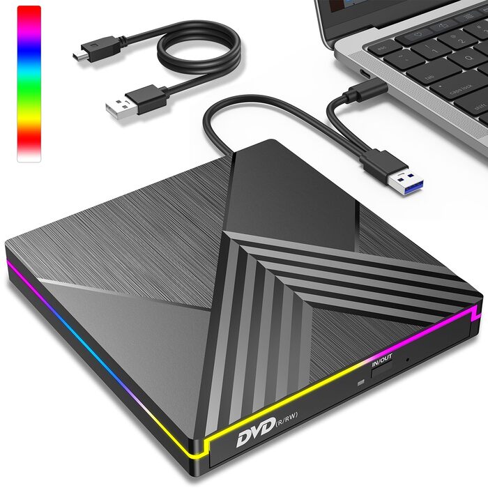 Зовнішній DVD-привід з RGB-підсвіткою, USB 3.0 та Type-C, CD/DVD+/-RW записувач та плеєр для PC, Laptop, MacBook (Windows, macOS, Linux)