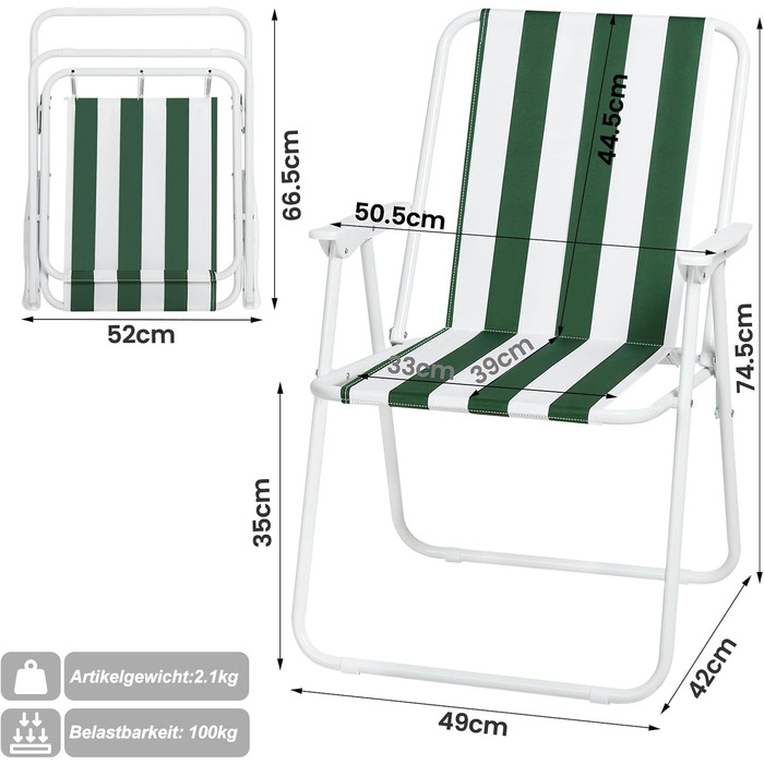 WOLTU Folding Camping Chairs, 2-Pack, Foldable Chair, Comfortable, Fishing Chair, Ultra-Lightweight with Armrests for Picnic, Outdoor, Hiking, Garden, Balcony, (White+Green)