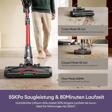 Бездротовий акумуляторний пилосос Ultenic 55000Pa/600W, 80хв, 1.6л, з Multi-Циклон фільтрацією, сенсорним екраном, антизаплутана щітка, док-станція, для шерсті тварин/килимів/твердих підлог, червоний