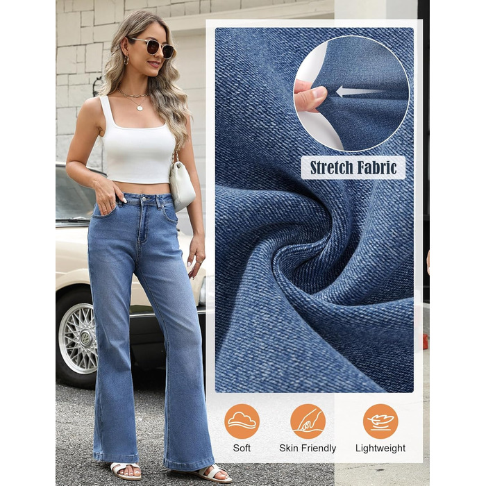 Джинси жіночі Schlaghose (кльош) з високою талією, еластичні, Bootcut, темно-сині, з кишенями, L