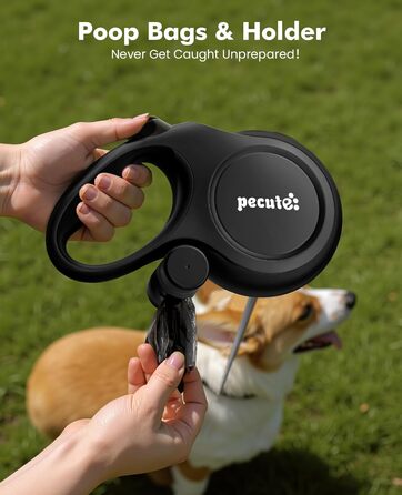 Рулетка для собак Pecute 8м, бісостійка, з набором для збору відходів, 360° антизаплутування, для собак середніх та великих (15-50кг), зелена